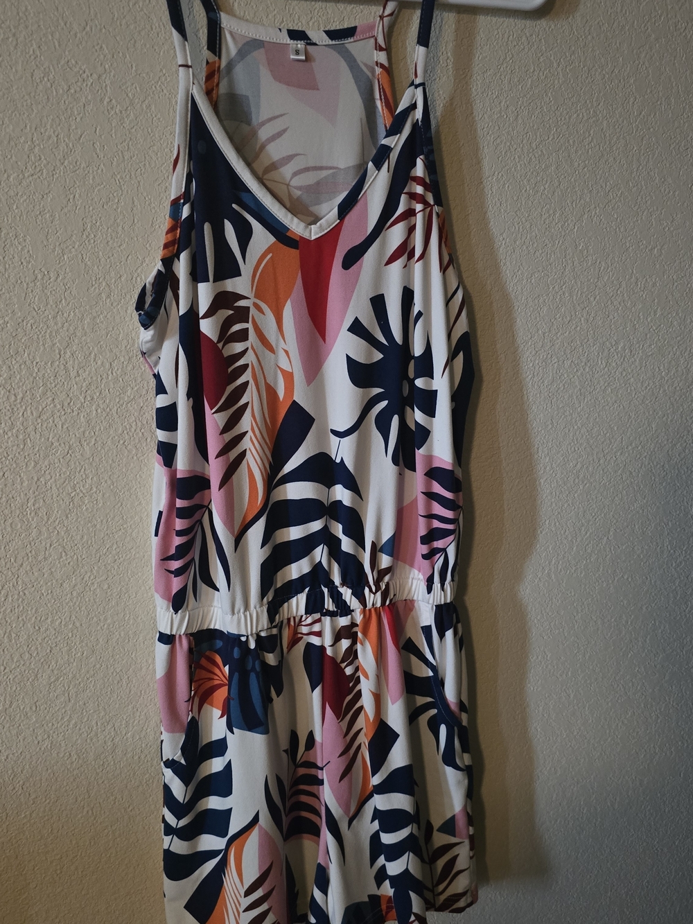 Tropical Print Sleeveless Romper - Navy, Pink & Orange